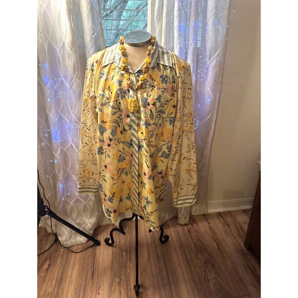 Coldwater Creek Woman’s XL Floral Button-Up Shirt Cotton Blouse Striped Collar - Picture 1 of 13